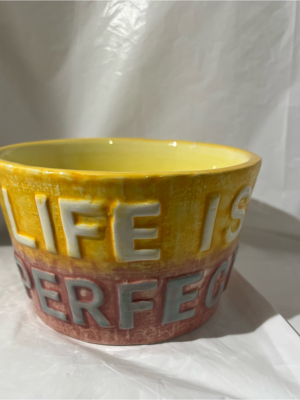 Yellow and Pink Ceramic Decorative Planter - 'Life Is Perfect'